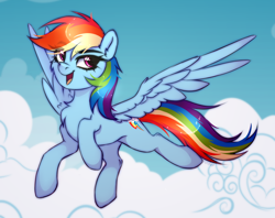 Size: 2000x1580 | Tagged: safe, artist:kinfer, rainbow dash, pegasus, pony, g4, cheek fluff, chest fluff, cloud, ear fluff, eye clipping through hair, eyebrows, eyebrows visible through hair, female, flying, mare, open mouth, open smile, outdoors, smiling, solo, spread wings, wing fluff, wings