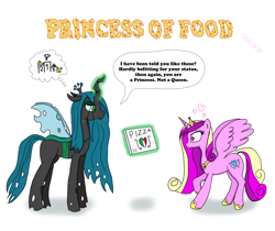 Size: 2480x2088 | Tagged: safe, artist:glacialfeather, princess cadance, queen chrysalis, alicorn, changeling, g4, duo, duo female, female, food, heart, heart eyes, hearts and hooves day, holiday, peetzer, pizza, pizza box, simple background, that pony sure does love pizza, valentine's day, white background, wingding eyes