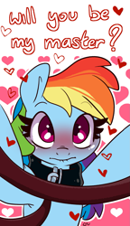 Size: 981x1702 | Tagged: safe, artist:lou, rainbow dash, pegasus, pony, g4, armpits, blushing, collar, female, femsub, heart, holiday, leash, lip bite, looking at you, mare, master, pet play, solo, submissive, valentine's day, valentine's day 2025