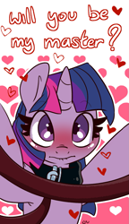 Size: 981x1702 | Tagged: safe, alternate character, alternate version, artist:lou, twilight sparkle, pony, g4, armpits, blushing, collar, female, femsub, heart, holiday, leash, lip bite, looking at you, mare, master, pet play, solo, submissive, valentine's day, valentine's day 2025