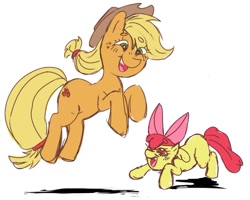 Size: 857x687 | Tagged: safe, artist:coquettecowboy, apple bloom, applejack, earth pony, pony, g4, :d, apple sisters, bow, female, filly, foal, full body, hair bow, hat, jumping, looking at each other, looking at someone, mare, open mouth, open smile, requested art, shadow, siblings, simple background, sisters, smiling, white background