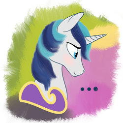 Size: 1536x1536 | Tagged: safe, artist:kujivunia, shining armor, pony, unicorn, g4, ..., abstract background, blushing, bust, confused, embarrassed, holiday, horn, implied princess cadance, implied queen chrysalis, implied shipping, love triangle, nervous, nervous smile, polyamory, portrait, shipping, simple background, smiling, solo, transparent background, valentine's day, valentine's day card