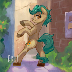 Size: 3440x3440 | Tagged: safe, artist:druf, artist:druf_draws, hitch trailblazer, earth pony, pony, g5, blushing, bush, cutie mark, green mane, looking at you, male, road, signature, solo, solo male, stallion, standing, town