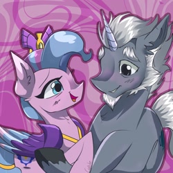 Size: 2000x2000 | Tagged: safe, artist:cupute, alphabittle blossomforth, queen haven, pegasus, pony, unicorn, g5, abstract background, beard, blue mane, blush lines, blushing, bushy brows, clothes, cute, duo, eyelashes, facial hair, female, gray coat, gray mane, happy heart's and hooves day, holding, holding a pony, holiday, horn, hug, jewelry, longing, looking at each other, looking at someone, male, my little pony, open mouth, pink coat, regalia, romantic, shading, shiny mane, ship:alphahaven, shipping, short mane, smiling, smiling at each other, straight, swirls, teeth, valentine's day