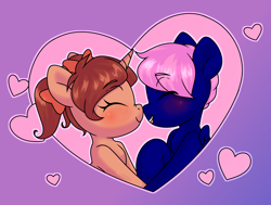 Size: 3550x2678 | Tagged: oc name needed, safe, artist:lil_chif, oc, oc only, pegasus, pony, unicorn, blushing, boop, commission, duo, female, gradient background, heart, heart background, holiday, horn, male, noseboop, valentine's day, ych result