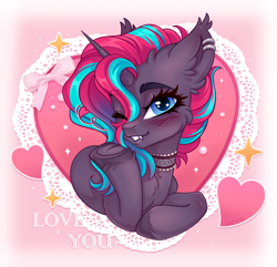 Size: 2460x2375 | Tagged: safe, artist:rozmed, oc, oc only, oc:synthie glitch, bat pony, bat pony unicorn, hybrid, pony, unicorn, abstract background, bat pony unicorn oc, blowing a kiss, blue eyes, bust, choker, commission, cute, cute little fangs, ear piercing, ear tufts, earring, emanata, fangs, female, floating heart, hair over one eye, heart, heart eyes, hearts and hooves day, holiday, horn, jewelry, lace, lace choker, looking at you, mare, multicolored mane, one eye closed, piercing, portrait, simple background, solo, valentine's day, wingding eyes, wink, ych result