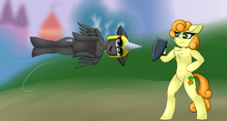 Size: 4506x2406 | Tagged: safe, artist:twinky, carrot top, golden harvest, oc, pony, semi-anthro, g4, armor, female, helmet, mare, shield, wings