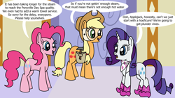 Size: 1920x1080 | Tagged: safe, artist:platinumdrop, applejack, pinkie pie, rarity, earth pony, pony, unicorn, applejack's "day" off, g4, my little pony: friendship is magic, clothes, commission, dialogue, horn, speech bubble