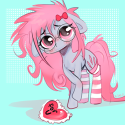 Size: 2100x2100 | Tagged: safe, artist:krista-21, oc, oc only, oc:krista pebble, earth pony, abstract background, blushing, bow, clothes, cute, earth pony oc, freckles, glasses, heart, holiday, looking at you, messy mane, no mouth, socks, solo, striped socks, valentine's day, valentine's day 2025