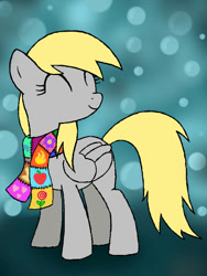 Size: 512x680 | Tagged: safe, artist:reitanna-seishin, derpy hooves, fanfic:muffins, g4, abstract background, blonde mane, blonde tail, bubble, clothes, cutie mark on clothes, eyes closed, fanfic art, gray coat, scarf, solo, tail