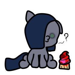 Size: 500x500 | Tagged: safe, artist:demonspaceboy, oc, oc:minkie pie, earth pony, pony, fanfic:muffins, chibi, cupcake, cute, dot eyes, fanfic art, food, kissy face, ocbetes, one ear down, question mark, simple background, solo, transparent background