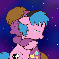 Size: 800x800 | Tagged: safe, artist:demonspaceboy, oc, oc only, oc:reitanna seishin, earth pony, pony, crying, duo, eyes closed, frown, hairband, hug