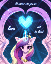 Size: 2427x3084 | Tagged: safe, artist:avrameow, princess cadance, alicorn, pony, g4, crystal heart, glowing, glowing horn, holiday, horn, looking at you, valentine's day, valentine's day 2025