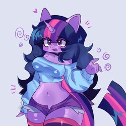 Size: 3000x3000 | Tagged: safe, artist:nixie_paws, twilight sparkle, unicorn, anthro, g4, breasts, clothes, female, horn, looking at you, midriff, open mouth, short shirt, shorts, socks, thigh highs, unicorn twilight