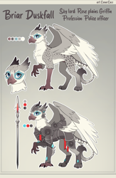 Size: 1200x1845 | Tagged: safe, artist:lunarlacepony, oc, oc:briar duskfall, griffon, alternate universe, armor, beak, cute, femboy, frostkeep horror, investigator, male, police, police officer, reference sheet, solo, spear, spotted, talon, weapon, wings