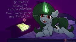 Size: 1920x1080 | Tagged: safe, artist:darbedarmoc, oc, oc only, oc:minerva, pony, unicorn, bed, cheese, dialogue, fangs, food, green mane, happy valentines day, horn, indoors, looking at you, lying down, magic, prone, red eyes, solo, telekinesis