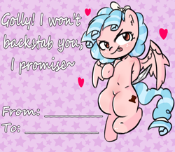 Size: 2300x2000 | Tagged: safe, artist:peni_sarter, cozy glow, pegasus, pony, g4, female, filly, flying, foal, holiday, knife, postcard, simple background, solo, solo female, spread wings, text, valentine, valentine's day, valentine's day card, wings