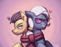 Size: 1285x991 | Tagged: safe, artist:bkiltersot, hoity toity, street rat, earth pony, pony, g4, clothes, cunning couture, duo, duo male, frown, gay, glasses, male, scarf, shared clothing, shared scarf, shipping, smiling