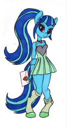 Size: 632x1200 | Tagged: safe, artist:sepiakeys, sonata dusk, anthro, unguligrade anthro, g4, clothes, dress, holiday, letter, simple background, solo, traditional art, valentine's day, valentine's day 2025, white background