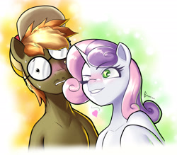 Size: 2782x2436 | Tagged: safe, artist:begoliah, button mash, sweetie belle, earth pony, pony, unicorn, g4, blushing, crooked glasses, facial hair, female, floating heart, glasses, grin, heart, horn, male, moustache, older, older button mash, older sweetie belle, one eye closed, ship:sweetiemash, shipping, smiling, straight, sweat, sweatdrops