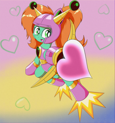 Size: 2000x2141 | Tagged: safe, artist:trackheadtherobopony, oc, oc:goldheart, pony, robot, robot pony, semi-anthro, crossbow, cupid, heart, jet boots, solo, weapon