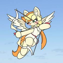 Size: 3149x3149 | Tagged: safe, artist:sodapop sprays, oc, oc only, oc:sodapop sprays, angel, pegasus, pony, semi-anthro, arrow, blushing, bow, bow (weapon), bow and arrow, chest fluff, clothes, cupid, heart, holiday, solo, valentine's day, weapon