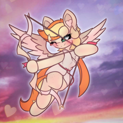 Size: 2160x2160 | Tagged: safe, artist:sodapop sprays, oc, oc only, oc:sodapop sprays, angel, pegasus, pony, semi-anthro, arrow, blushing, bow, bow (weapon), bow and arrow, chest fluff, clothes, cupid, heart, holiday, solo, valentine's day, weapon