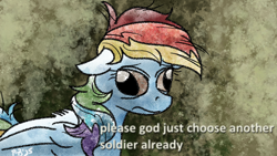 Size: 1200x675 | Tagged: safe, artist:pony-berserker, rainbow dash, pony-berserker's twitter sketches, g4, calling, caption, inner demons, inner thoughts, pony-berserker's twitter sketches (2025), soldier, text