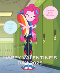 Size: 2016x2475 | Tagged: safe, pinkie pie, rainbow dash, equestria girls, g4, my little pony equestria girls: better together, female, holiday, hug, lesbian, ship:pinkiedash, shipping, valentine's day