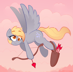 Size: 1040x1035 | Tagged: safe, artist:waffletheheadmare, derpy hooves, pegasus, g4, arrow, bow, bubble, cloud, cupid, evening, female, flying, heart, hearts and hooves day, holiday, mare, smiling, valentine's day, valentine's day 2025