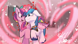 Size: 3840x2160 | Tagged: safe, artist:skullfroggy, princess cadance, shining armor, alicorn, pony, unicorn, g4, glowing, glowing horn, heart, holiday, horn, open mouth, valentine's day, valentine's day 2025