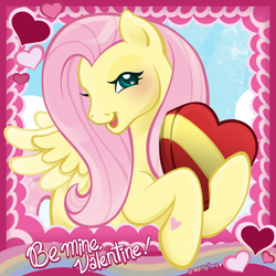 Size: 2400x2400 | Tagged: safe, artist:sparkytopia, fluttershy, pegasus, pony, g3, g4, chocolate box, female, g4 to g3, generation leap, heart, hearts and hooves day, holiday, looking at you, mare, missing cutie mark, open mouth, open smile, smiling, solo, text, valentine's day, ych example, your character here