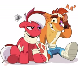 Size: 2272x1926 | Tagged: safe, artist:joaothejohn, oc, oc:flamebrush, pegasus, pony, anthro, ^^', angry, band-aid, black eye, clothes, crash bandicoot, crash bandicoot (series), crossover, fanart, floppy ears, game, injured, looking at each other, looking at someone, multicolored hair, pegasus oc, simple background, sitting, wings