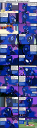 Size: 1282x4375 | Tagged: safe, artist:forgalorga, princess luna, alicorn, pony, comic:celestia's servant interview, everyone loves princess luna, a royal problem, for whom the sweetie belle toils, g4, luna eclipsed, my little pony: friendship is magic, season 2, annoyed, basket, bowl, caption, concerned, concerned pony, cookie, cs captions, cup, cute, descriptive noise, desk, detailed background, eating, eyes closed, facedesk, female, food, glowing, glowing eyes, happy, hoof on chest, interview, laughing, levitation, looking at you, looking away, luna is not amused, lunabetes, magic, magic aura, mare, one eye closed, paperwork, picnic basket, picnic blanket, ponyville, raised hoof, smiling, teacup, teapot, telekinesis, text, unamused, wink, winking at you