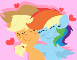 Size: 2443x1894 | Tagged: safe, artist:background basset, applejack, rainbow dash, g4, blushing, female, hat, heart, holiday, hug, lesbian, ship:appledash, shipping, smiling, valentine's day, valentine's day 2025