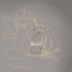 Size: 600x600 | Tagged: safe, artist:php193, oc, oc only, oc:ambiguous overtone, oc:raevyn, pegasus, unicorn, birthday, birthday cake, cake, food, grief, horn, implied death, leonine tail, loss, sad, tail, vent art