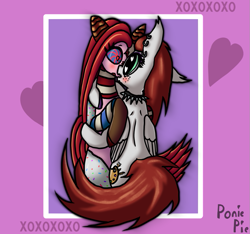 Size: 875x820 | Tagged: safe, artist:ponie pie, oc, oc only, oc:candymare, oc:sylvia, original species, pony, fanfic:something sweet to bite, hearts and hooves day, hug, in love, kissing, shading, ship:sylvandi, shipping, simple background