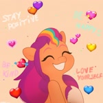 Size: 2048x2048 | Tagged: safe, artist:starburstuwu, sunny starscout, earth pony, pony, g5, arrow through heart, cute, encouragement, eyes closed, heart, holiday, multicolored mane, solo, starburstuwu is trying to murder us, sunnybetes, text, valentine's day, valentine's day 2025