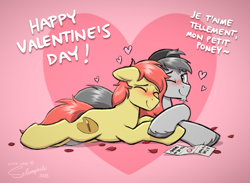 Size: 3599x2629 | Tagged: safe, artist:selenophile, oc, oc only, oc:brusher, oc:seleno, backwards ballcap, baseball cap, blushing, cap, hat, heart, holiday, hoof hold, letter, love letter, snuggling, unshorn fetlocks, valentine's day, wingding eyes