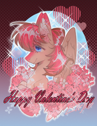 Size: 1787x2331 | Tagged: safe, oc, oc only, oc:virtual flight, pegasus, pony, blue eyes, brown mane, cute, ear piercing, ears, ears up, eyelashes, female, flower, happy valentines day, heart, mare, pegasus oc, piercing, rose, smiling, solo, tail, text, wings