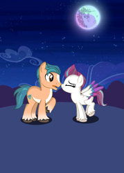 Size: 1203x1681 | Tagged: safe, artist:princesslunargleam, hitch trailblazer, zipp storm, earth pony, pegasus, pony, g4, g5, boop, duo, duo male and female, eyes closed, female, full moon, g5 to g4, generation leap, male, mare, moon, night, night sky, noseboop, outdoors, ship:stormblazer, shipping, sky, stallion, straight