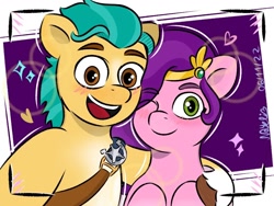 Size: 1024x768 | Tagged: safe, artist:naye_livelife, hitch trailblazer, pipp petals, earth pony, pegasus, pony, g5, abstract background, blushing, duo, duo male and female, female, hoof around neck, hug, looking at you, male, mare, one eye closed, selfie, ship:pitch, shipping, stallion, straight