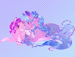 Size: 1972x1494 | Tagged: safe, artist:ichthyodog, izzy moonbow, pipp petals, pegasus, pony, unicorn, g5, abstract background, blushing, duo, duo female, female, holiday, horn, lesbian, looking at each other, looking at someone, lying down, mare, prone, ship:moonpetals, shipping, sparkles