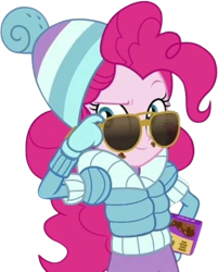 Size: 2026x2520 | Tagged: safe, edit, edited screencap, editor:mrtoonlover83, screencap, pinkie pie, equestria girls, g4, background removed, clothes, female, not a vector, solo, sunglasses, winter outfit