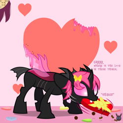 Size: 1418x1418 | Tagged: safe, artist:wheatley r.h., derpibooru exclusive, oc, oc only, oc:candy heart, oc:lara, butterfly, changeling, bite mark, box of chocolates, brooch, changeling oc, changeling slime, chocolate, female, food, gold, heart, heart shaped, hearts and hooves day, jewelry, mare, pink changeling, shaking, solo, vector, watermark