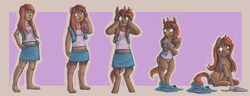 Size: 4500x1722 | Tagged: safe, artist:fauvfox, oc, oc only, human, pony, unicorn, anthro, bipedal, clothes, clothes falling off, clothes on floor, female, gritted teeth, high res, horn, human female, human to pony, looking at self, mare, motion lines, open mouth, passepartout, shirt, skirt, solo, sparkles, teeth, transformation, transformation sequence