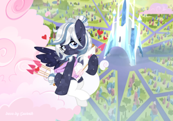 Size: 2000x1408 | Tagged: safe, artist:ghostpikachu, derpibooru exclusive, oc, oc only, oc:lunara moonstone, crystal pegasus, crystal pony, pegasus, pony, arrow, base artist:seurnik, base used, bow, clothes, cloud, crystal castle, crystal empire, cupid, female, heart arrow, holiday, mare, on a cloud, sitting, sitting on a cloud, socks, solo, spread wings, valentine's day, wings