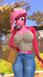 Size: 2160x3840 | Tagged: safe, artist:antonsfms, oc, oc:rosaline the deer, deer, anthro, 3d, anthro oc, basket, belly, belly button, blue jeans, bread, clothes, day, deer oc, eyelashes, female, fit, floral head wreath, flower, food, looking at you, makeup, nail polish, nails, non-pony oc, outdoors, slender, smiling, smiling at you, solo, source filmmaker, tank top, thin, tree