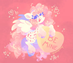 Size: 2300x2000 | Tagged: safe, artist:bishopony, pegasus, pony, g1, abstract background, be mine, blush scribble, blushing, candy heart, female, floating heart, heart, high res, holiday, looking at you, mare, open mouth, open smile, signature, smiling, smiling at you, solo, spread wings, unshorn fetlocks, valentine's day, wings