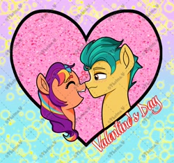 Size: 4096x3846 | Tagged: safe, artist:thelmavillagra, hitch trailblazer, sunny starscout, earth pony, pony, g5, abstract background, blushing, boop, duo, duo male and female, eyes closed, female, heart, holiday, male, noseboop, obtrusive watermark, ship:starblazer, shipping, smiling, straight, valentine's day, watermark